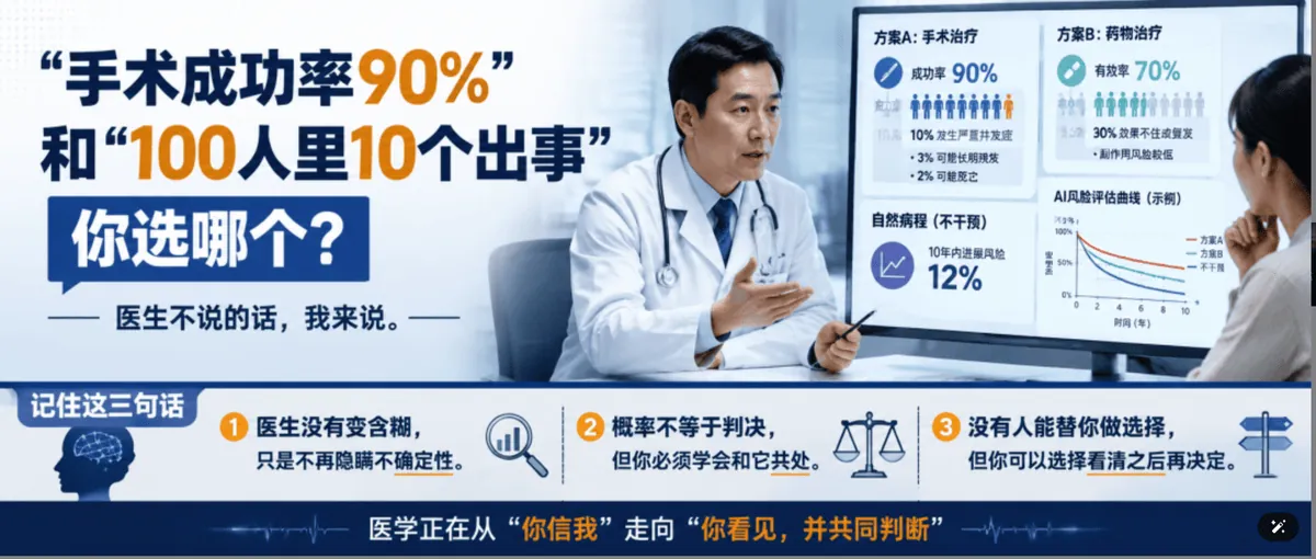 "手术成功率90%"和"100人里10个人出事"，你选哪个？医生不说的话，我来说